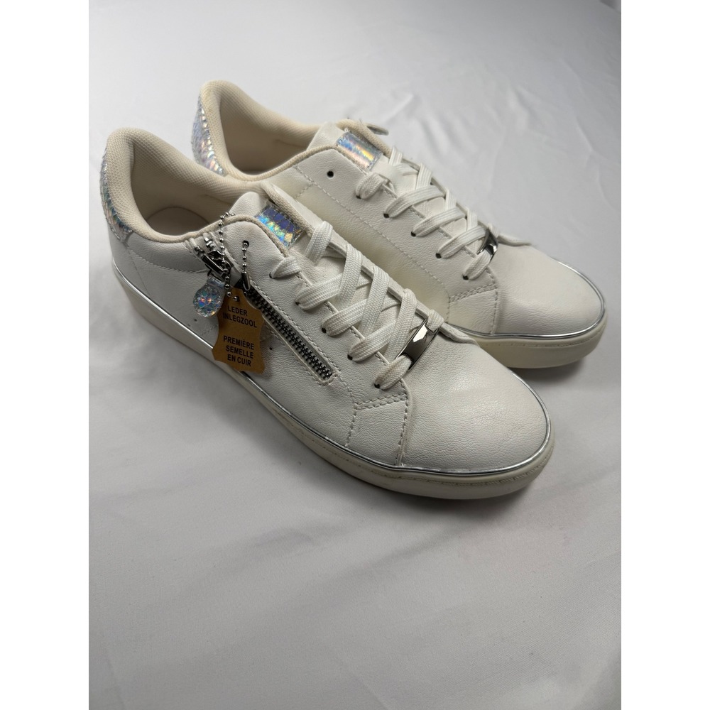 Sprox Size 40 White Silver Holographic Zip Low Top Sneakers Leather Insole
